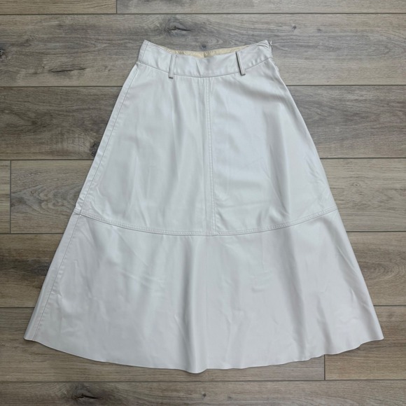 Zara Dresses & Skirts - Zara Faux Leather Cream A-Line Midi Skirt High Waisted Side Zip XS